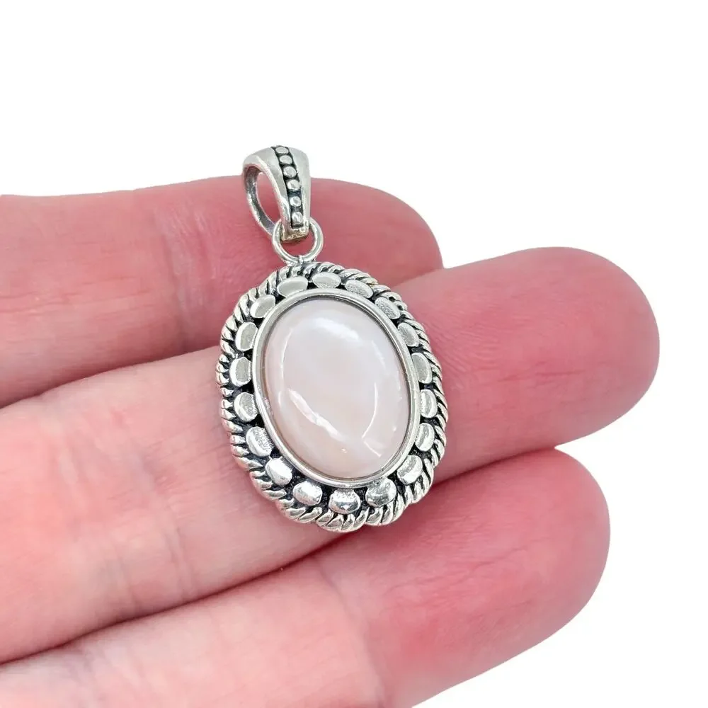 Vintage Sterling Silver 925 Pink Mother Of Pearl Cabochon Pendant